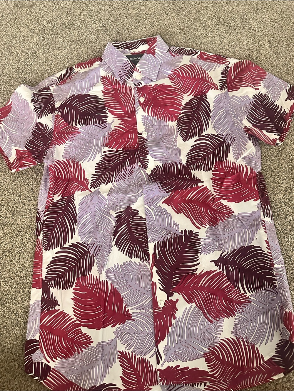 Bonobos Red, Lavender & Maroon Leaf Print Short Sleeve Shirt